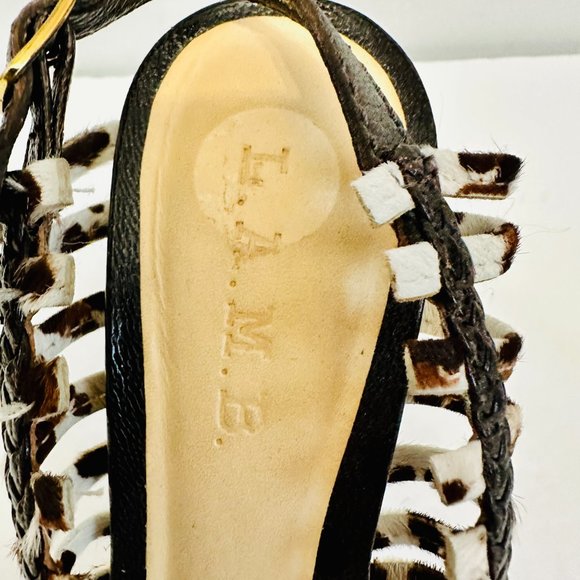 L.A.M.B. LAMB STRAPPY SLINGBACK LEATHER AND FUR STILLETO HIGH HEELS - Picture 7 of 10